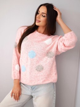Sweter damski w kolorowe grochy z okrągłym dekoltem pudrowy róż
