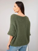 Sweter damski z krótkim rękawem i szerokim dekoltem khaki