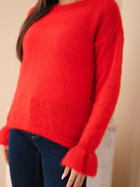 Sweter damski z moherem i wełną z falbaną przy rękawach czerwony