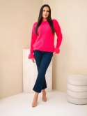 Sweter damski z moherem i wełną z falbaną przy rękawach różowy neon