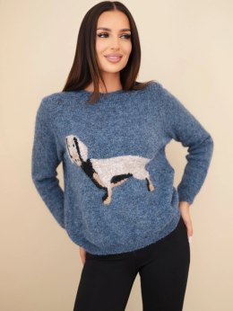 Sweter damski z motywem jamnika i okrągłym dekoltem jeansowy