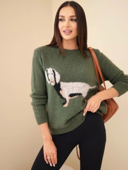 Sweter damski z motywem jamnika i okrągłym dekoltem khaki