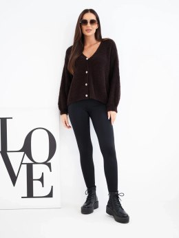 Sweter damski z wełną zapinany na guziki z dekoltem V brązowy