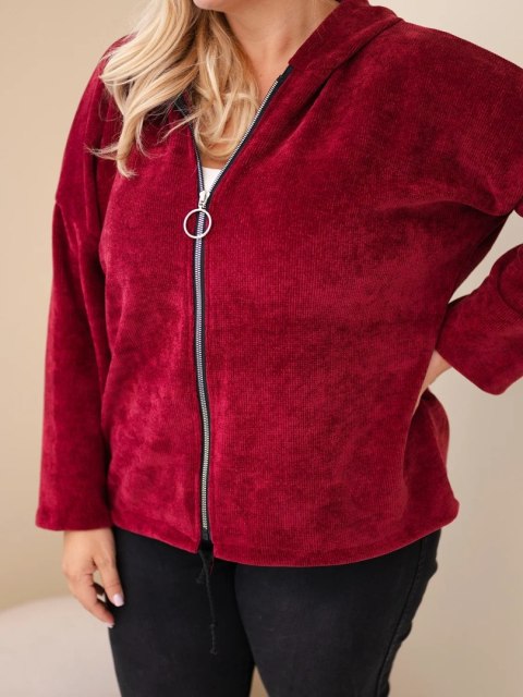 Bluza damska Plus Size sztruksowa z kapturem i zamkiem oversize bordowa