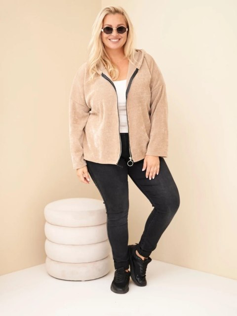 Bluza damska Plus Size sztruksowa z kapturem i zamkiem oversize camelowa