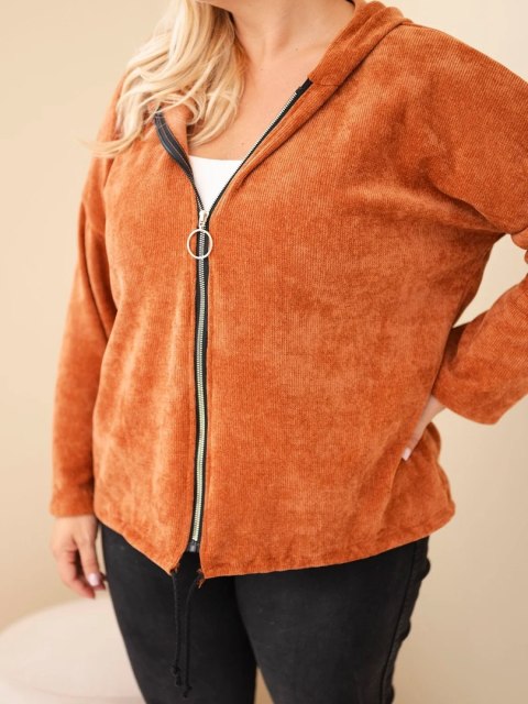 Bluza damska Plus Size sztruksowa z kapturem i zamkiem oversize ruda