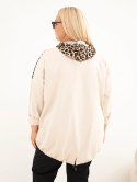 Bluza damska Plus Size wiskozowa z kapturem i wstawkami w panterkę beżowa