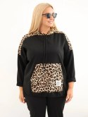Bluza damska Plus Size wiskozowa z kapturem i wstawkami w panterkę czarna