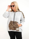 Bluza damska Plus Size wiskozowa z kapturem i wstawkami w panterkę szara