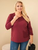 Bluza damska bawełniana Plus Size z ażurową wstawką i kieszenią bordowa