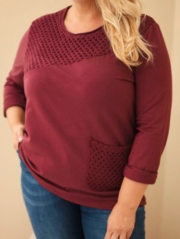 Bluza damska bawełniana Plus Size z ażurową wstawką i kieszenią bordowa