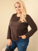 Bluza damska bawełniana Plus Size z ażurową wstawką i kieszenią brązowa