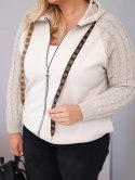 Bluza damska bawełniana Plus Size z dzianinowymi rękawami i kapturem beżowa