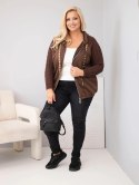 Bluza damska bawełniana Plus Size z dzianinowymi rękawami i kapturem brązowa