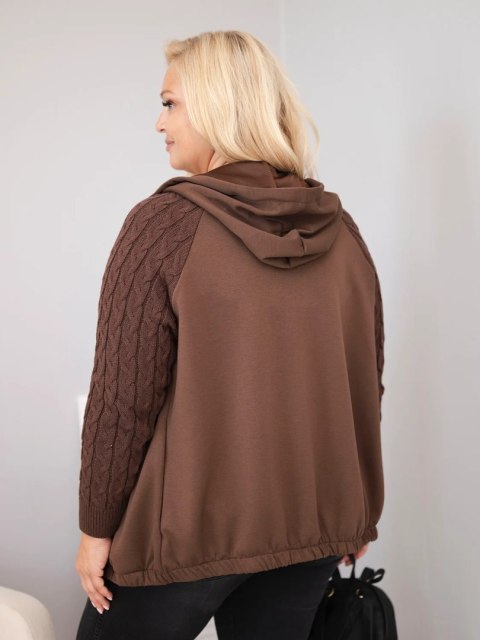 Bluza damska bawełniana Plus Size z dzianinowymi rękawami i kapturem brązowa