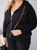 Bluza damska bawełniana Plus Size z dzianinowymi rękawami i kapturem czarna