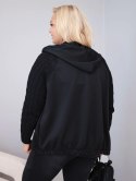 Bluza damska bawełniana Plus Size z dzianinowymi rękawami i kapturem czarna