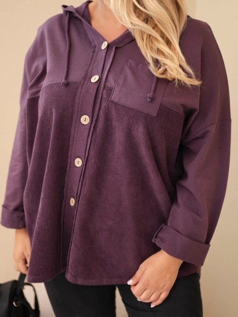 Bluza damska bawełniana Plus Size z kapturem i guzikami ciemno fioletowa