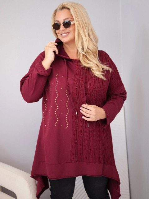 Bluza damska bawełniana Plus Size z kapturem i plecioną wstawką bordowa