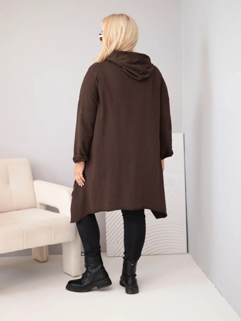 Bluza damska bawełniana Plus Size z kapturem i plecioną wstawką brązowy