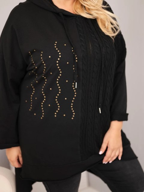 Bluza damska bawełniana Plus Size z kapturem i plecioną wstawką czarna