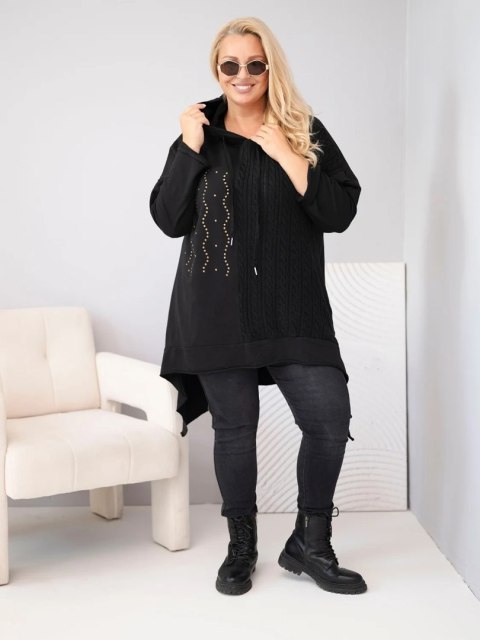 Bluza damska bawełniana Plus Size z kapturem i plecioną wstawką czarna