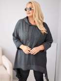 Bluza damska bawełniana Plus Size z kapturem i plecioną wstawką grafitowa