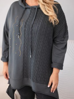Bluza damska bawełniana Plus Size z kapturem i plecioną wstawką grafitowa