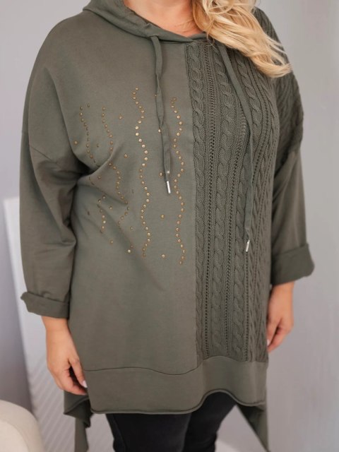 Bluza damska bawełniana Plus Size z kapturem i plecioną wstawką khaki