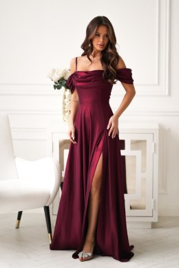 Elegancka Bordowa Sukienka Z Drapowaniem, Rozcięciem I Błyszczącą Tkaniną 330-10 - bordowy