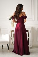 Elegancka Bordowa Sukienka Z Drapowaniem, Rozcięciem I Błyszczącą Tkaniną 330-10 - bordowy