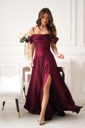Elegancka Bordowa Sukienka Z Drapowaniem, Rozcięciem I Błyszczącą Tkaniną 330-10 - bordowy