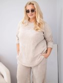 Komplet damski Plus Size z wiskozy sztruksowy z szerokimi spodniami i bluzą beżowy