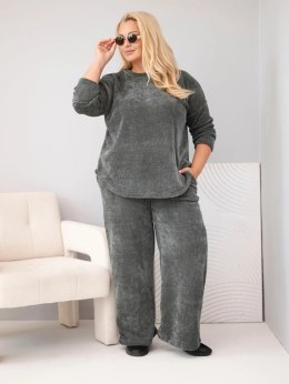 Komplet damski Plus Size z wiskozy sztruksowy z szerokimi spodniami i bluzą khaki