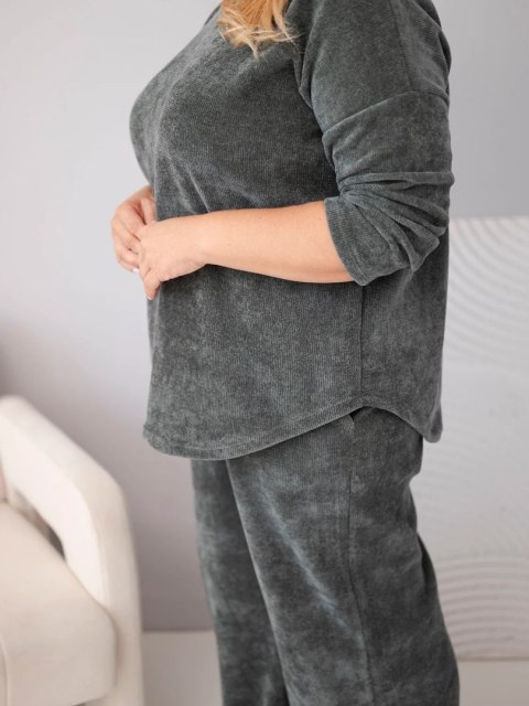 Komplet damski Plus Size z wiskozy sztruksowy z szerokimi spodniami i bluzą khaki