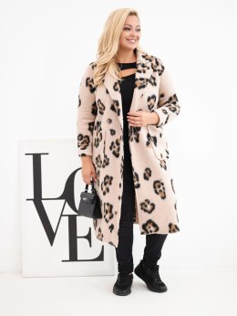 Płaszcz damski elegancki Plus Size w panterkę z klapami beżowy