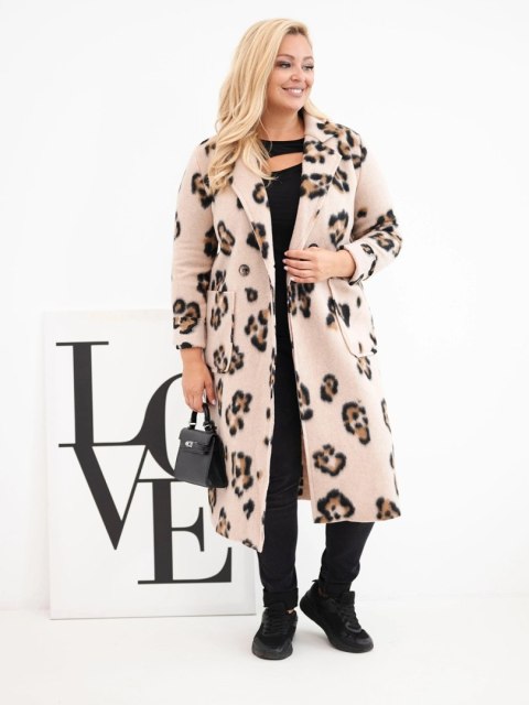Płaszcz damski elegancki Plus Size w panterkę z klapami beżowy