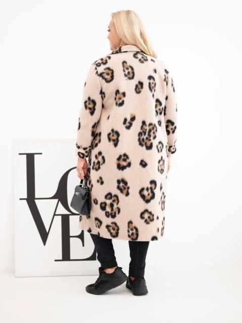 Płaszcz damski elegancki Plus Size w panterkę z klapami beżowy
