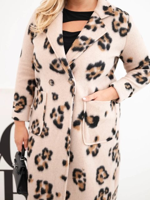 Płaszcz damski elegancki Plus Size w panterkę z klapami beżowy
