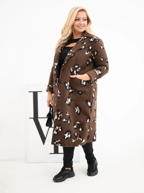 Płaszcz damski elegancki Plus Size w panterkę z klapami brązowy