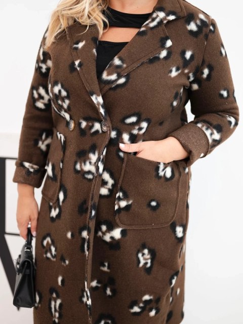 Płaszcz damski elegancki Plus Size w panterkę z klapami brązowy