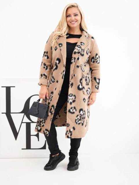 Płaszcz damski elegancki Plus Size w panterkę z klapami camelowy