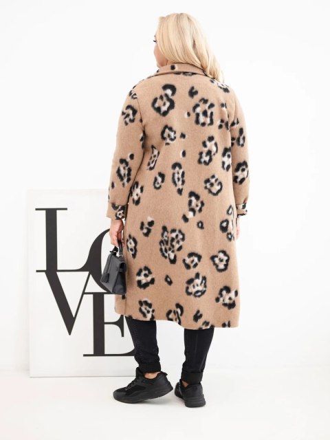 Płaszcz damski elegancki Plus Size w panterkę z klapami camelowy