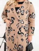 Płaszcz damski elegancki Plus Size w panterkę z klapami camelowy