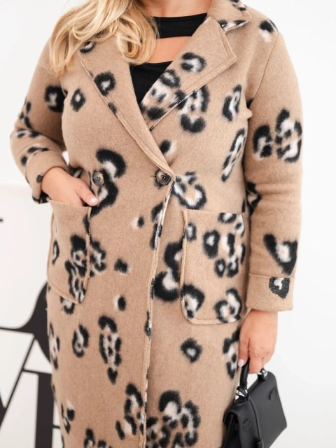 Płaszcz damski elegancki Plus Size w panterkę z klapami camelowy