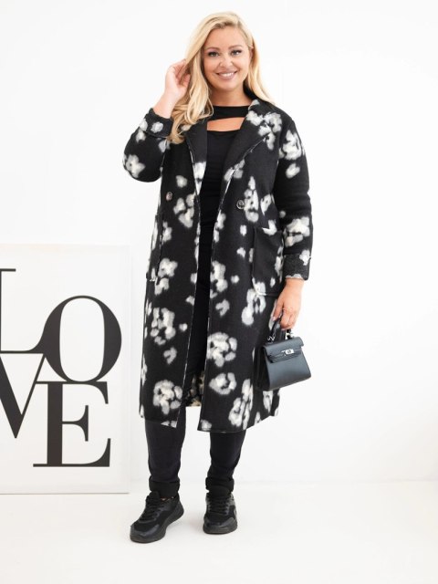 Płaszcz damski elegancki Plus Size w panterkę z klapami czarny