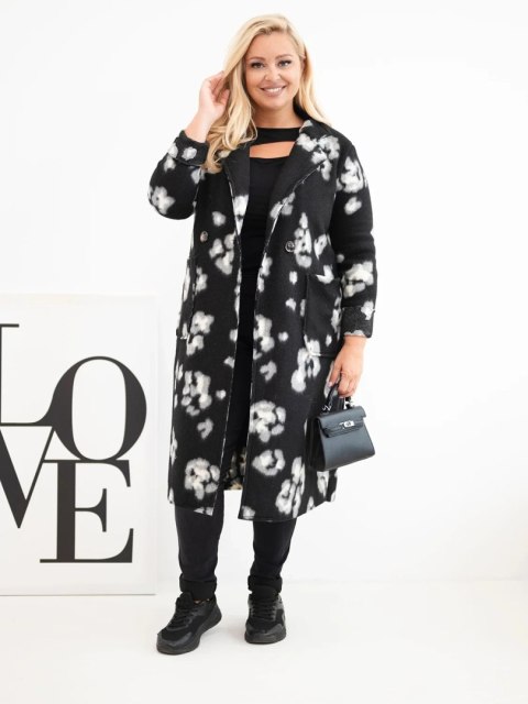 Płaszcz damski elegancki Plus Size w panterkę z klapami czarny