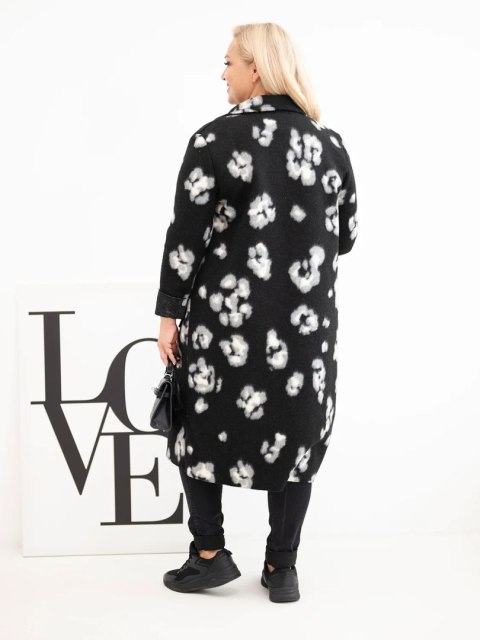 Płaszcz damski elegancki Plus Size w panterkę z klapami czarny