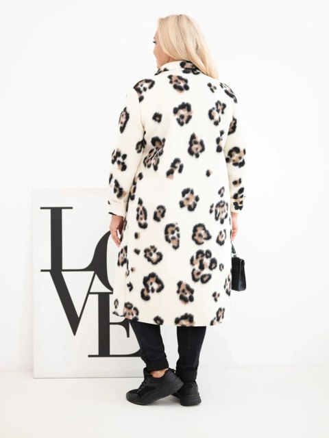 Płaszcz damski elegancki Plus Size w panterkę z klapami ecru