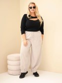 Spodnie damskie bawełniane Plus Size sztruksowe z gumką w pasie i kieszeniami beżowe
